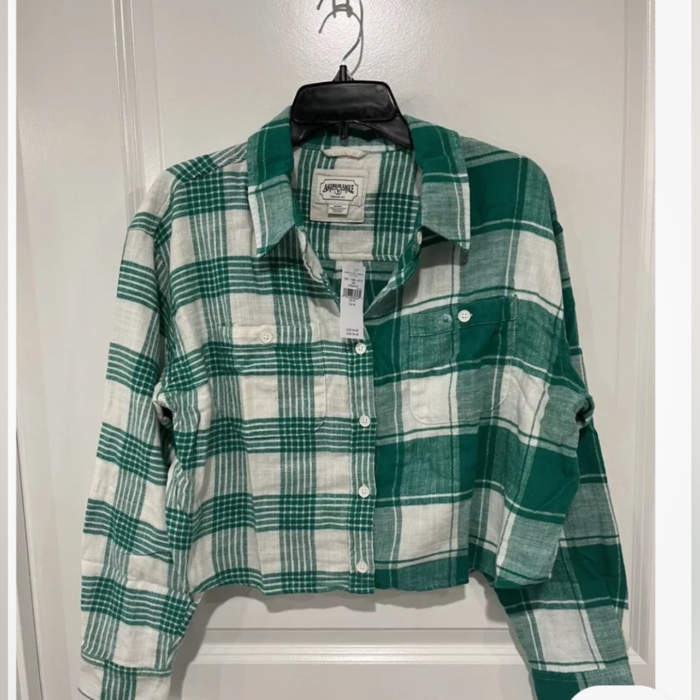 American Eagle Women's Cropped Flannel Shirt - Green Size M